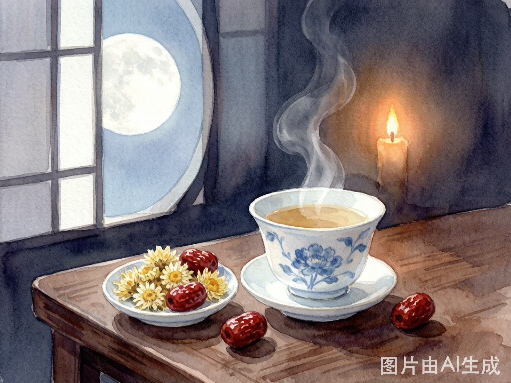 中医安神茶饮配图：水彩风格，木质桌上陶瓷茶杯与菊花红枣，温暖烛光，宁静睡前仪式