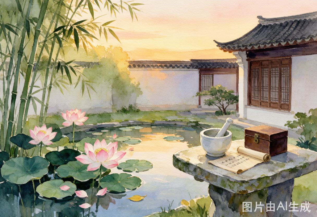 夏日傍晚庭院中，柔和暖色调水彩风格，宁静安详的中医养生氛围