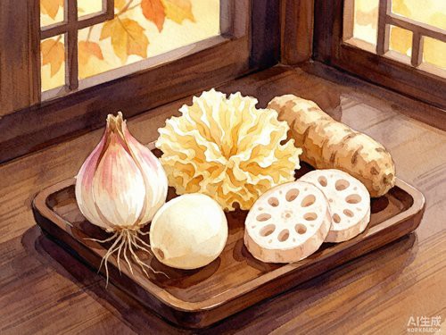 立秋中医润肺食疗水彩画，秋季养生氛围