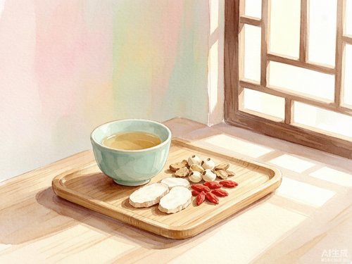 温润的水彩风格中医养生静物，青瓷茶杯与山药莲子枸杞在晨光中