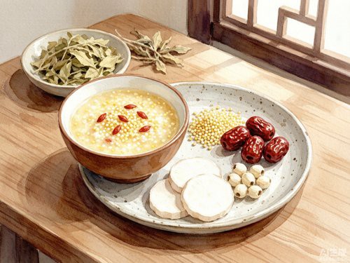 水彩画，中医养生膳食场景，木质托盘上放着白粥、山药片和红枣，背景有淡淡的草药气息
