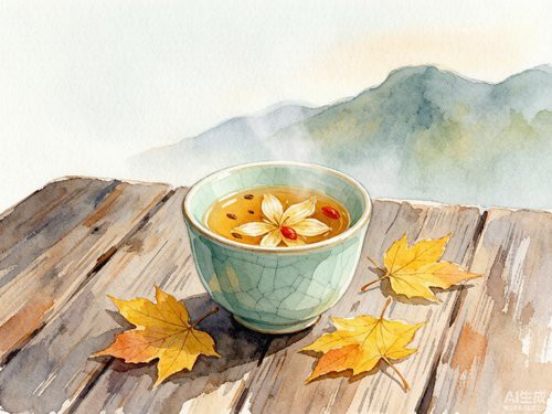水彩画，桌面上一杯温热的麦冬百合茶，旁边散落几片秋叶和一本翻开的古朴书